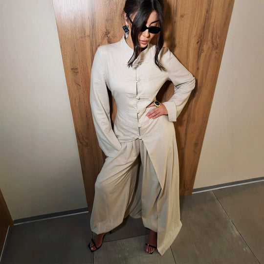 Damen Maxikleid mit Stehkragen, Mandarin-Knopfleiste und drapierter Rockpartie Nord Taschen