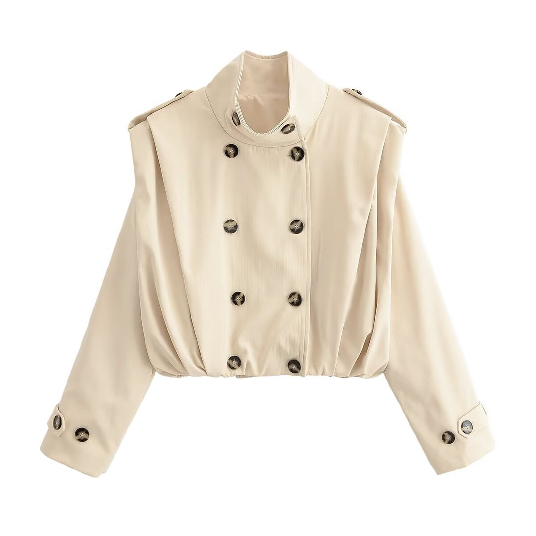 Damen Cropped Doppelreihige Trenchjacke mit Stehkragen, Schulterriegeln und elastischem Saum Nord Taschen