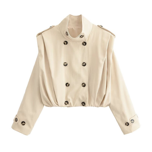 Damen Cropped Doppelreihige Trenchjacke mit Stehkragen, Schulterriegeln und elastischem Saum Nord Taschen