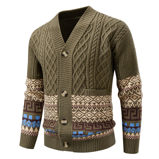 Herren Grobstrick-Cardigan mit Zopfmuster, Jacquard-Bändern und markanter Knopfleiste Nord Taschen