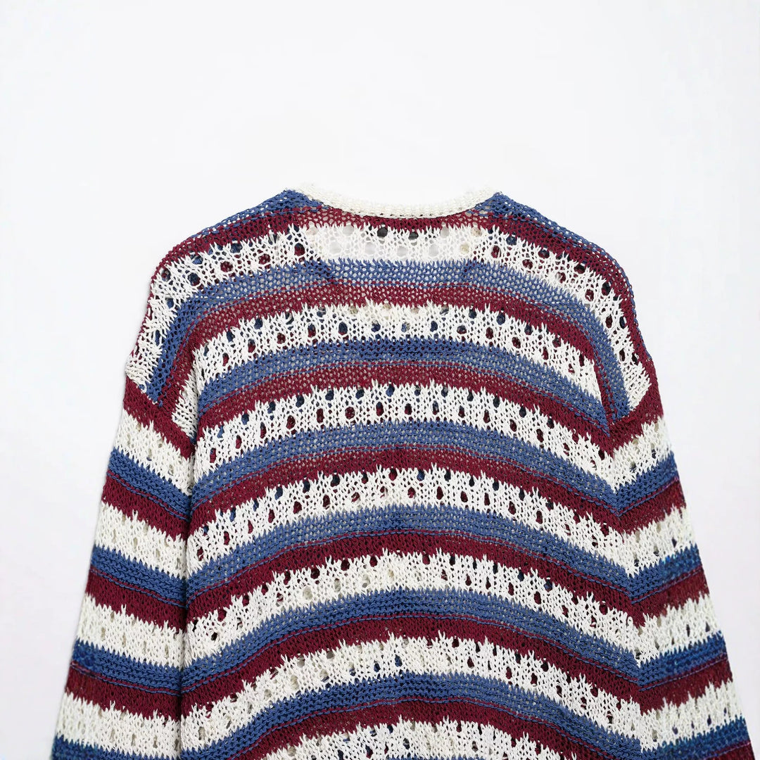 Damen gestrickte Cardigan im Ajour‑Streifenmuster mit Knopfleiste und Rundhalsausschnitt Nord Taschen