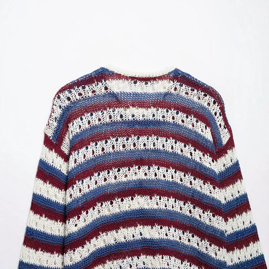 Damen gestrickte Cardigan im Ajour‑Streifenmuster mit Knopfleiste und Rundhalsausschnitt Nord Taschen