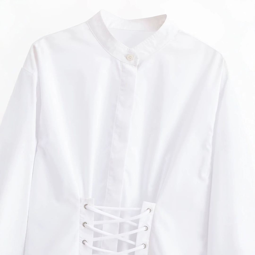 Damen Kurzbluse mit taillierter Schnürung und Stehkragen Nord Taschen