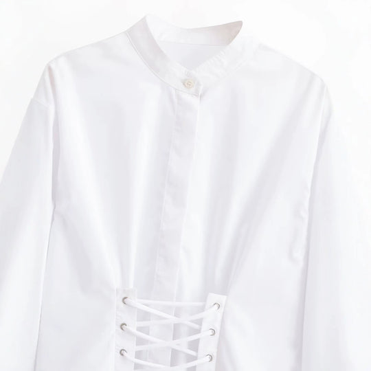 Damen Kurzbluse mit taillierter Schnürung und Stehkragen Nord Taschen