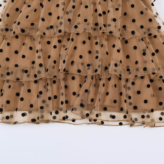 Damen Gepunktetes Stufen‑Tüllkleid mit V‑Ausschnitt und transparenten Ballonärmeln Nord Taschen