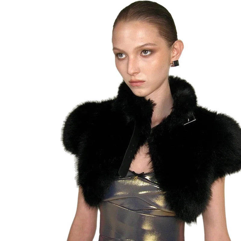 Damen Cropped Kunstpelz‑Bolero mit voluminösem Umlegekragen und Puffärmeln Nord Taschen