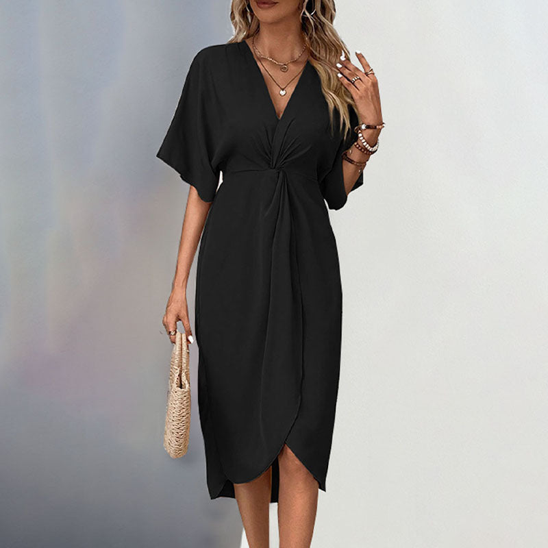 Damen Wickel-Midikleid mit Knotendetail, V-Ausschnitt und überschnittenen Ärmeln Nord Taschen