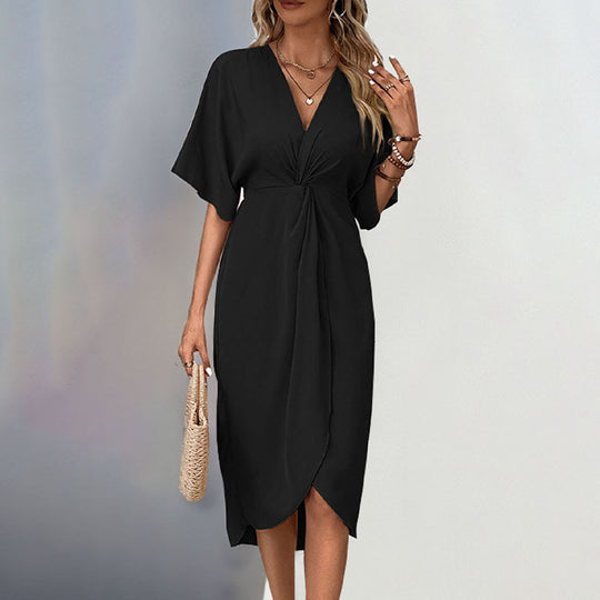 Damen Wickel-Midikleid mit Knotendetail, V-Ausschnitt und überschnittenen Ärmeln Nord Taschen