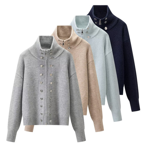 Damen Cropped Strickjacke mit hohem Stehkragen, Zierknopfleiste und Doppelreißverschluss Nord Taschen