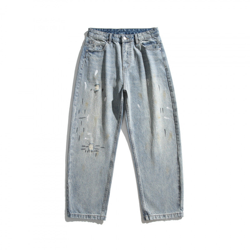 Herren Weitgeschnittene Vintage-Denimhose mit Used-Effekt, Paint-Splatter und Distressed-Details Nord Taschen