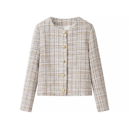Damen Kurzjacke aus Bouclé‑Tweed mit rundem Ausschnitt und dekorativen Goldknöpfen Nord Taschen