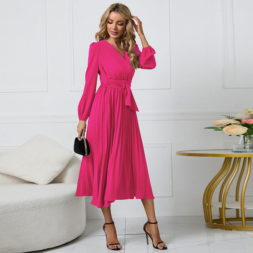 Damen Plissiertes Wickel‑Midikleid mit Taillengürtel und V‑Ausschnitt Nord Taschen