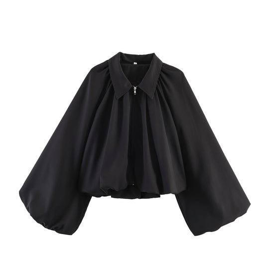 Damen Kurze Cape-Jacke mit voluminösen Ballonärmeln, Stehkragen und Reißverschluss Nord Taschen