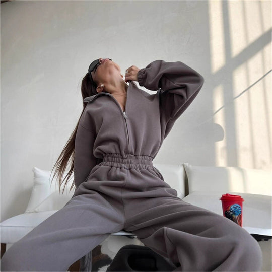 Damen Relaxed-Loungewear-Set mit Halbzip-Stehkragen und hochtaillierter Weitbein-Jogginghose Nord Taschen