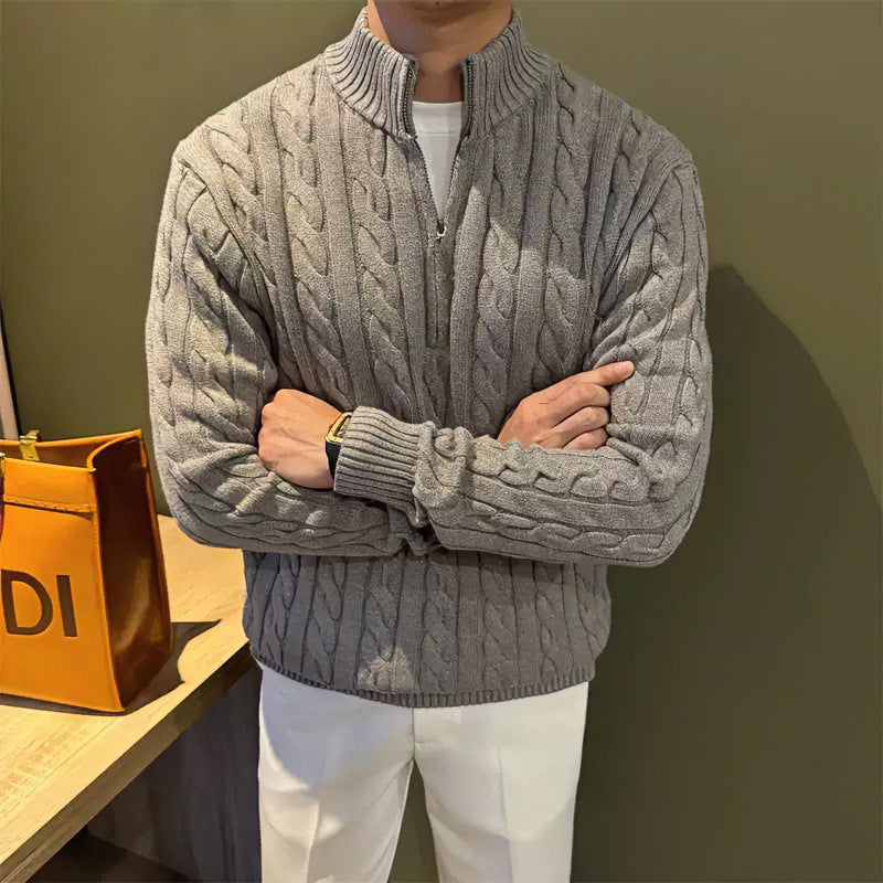 Herren Zopfstrick-Halbzip-Pullover mit Stehkragen Nord Taschen