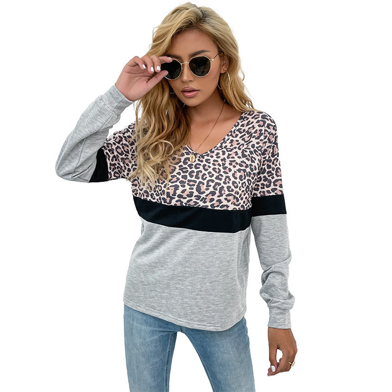 Damen Langarmshirt mit V-Ausschnitt und Leopardenmuster im Colorblock-Design Nord Taschen