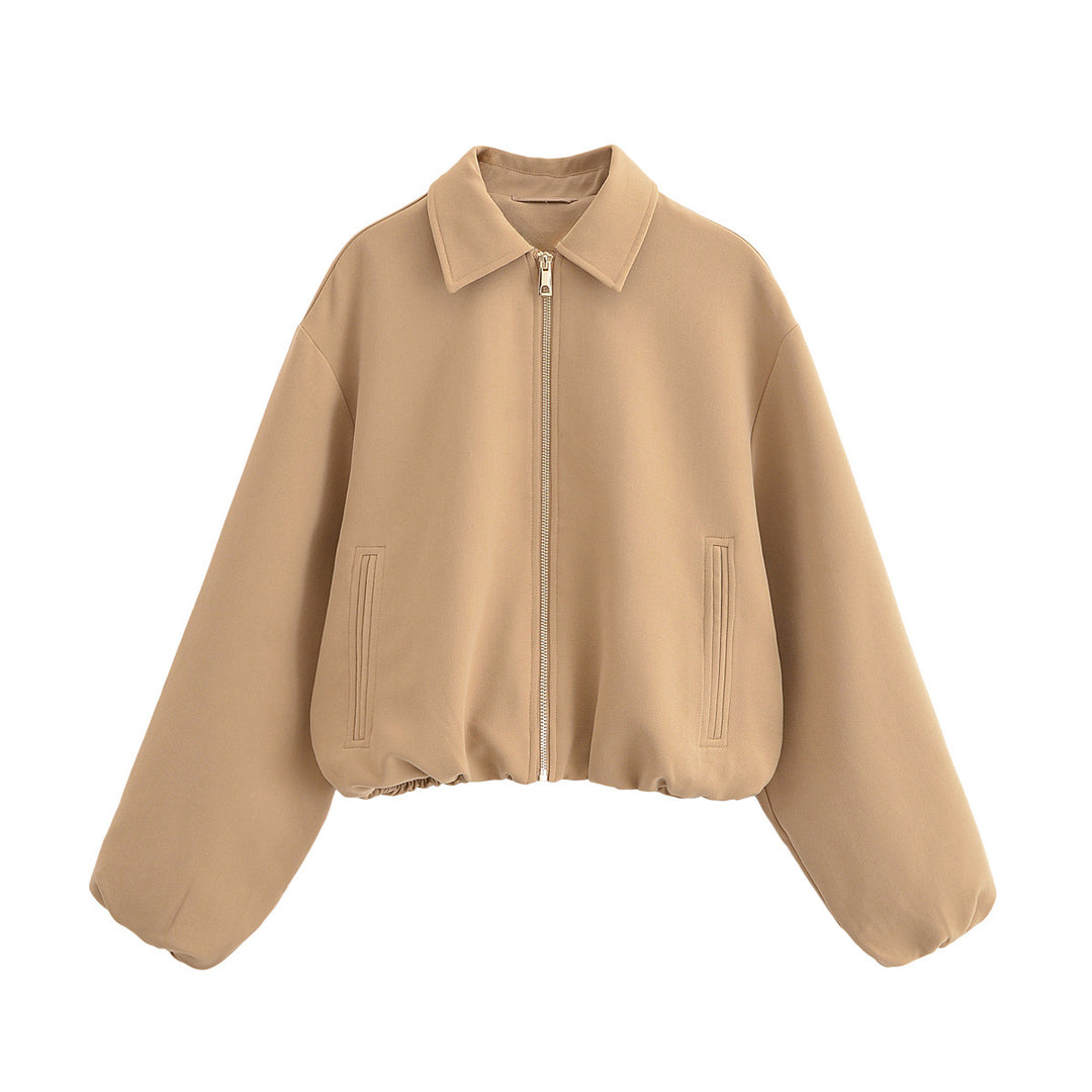 Damen Cropped Bomberjacke mit Ballonärmeln, Stehkragen und elastischem Saum Nord Taschen