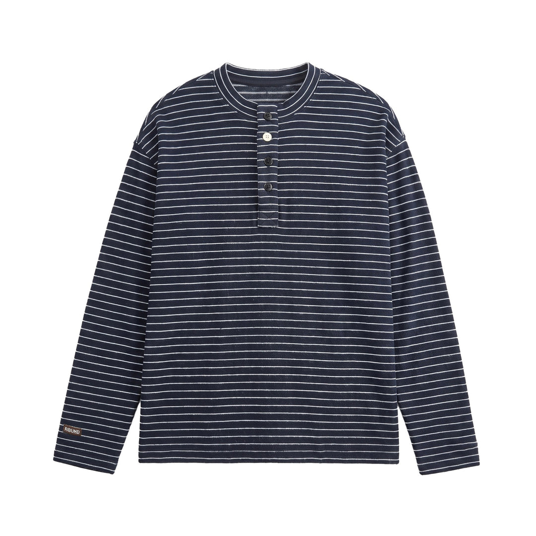Herren Feinstrick-Henleyshirt mit kurzem Knopfleiste und horizontalem Streifenmuster Nord Taschen