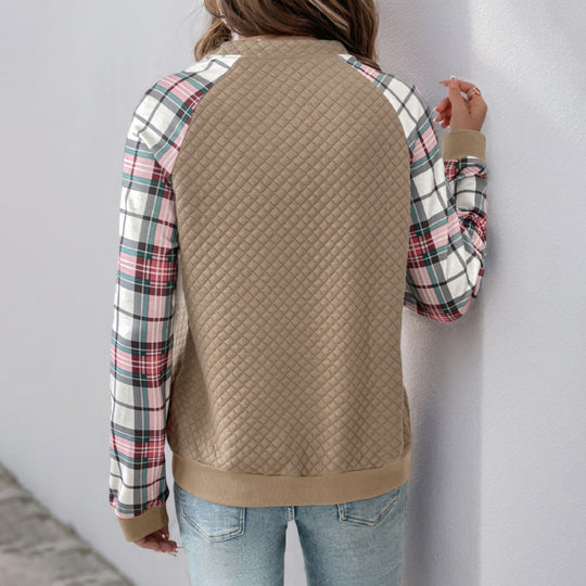 Damen Stepppullover mit halbem Reißverschluss und karierten Raglanärmeln Nord Taschen