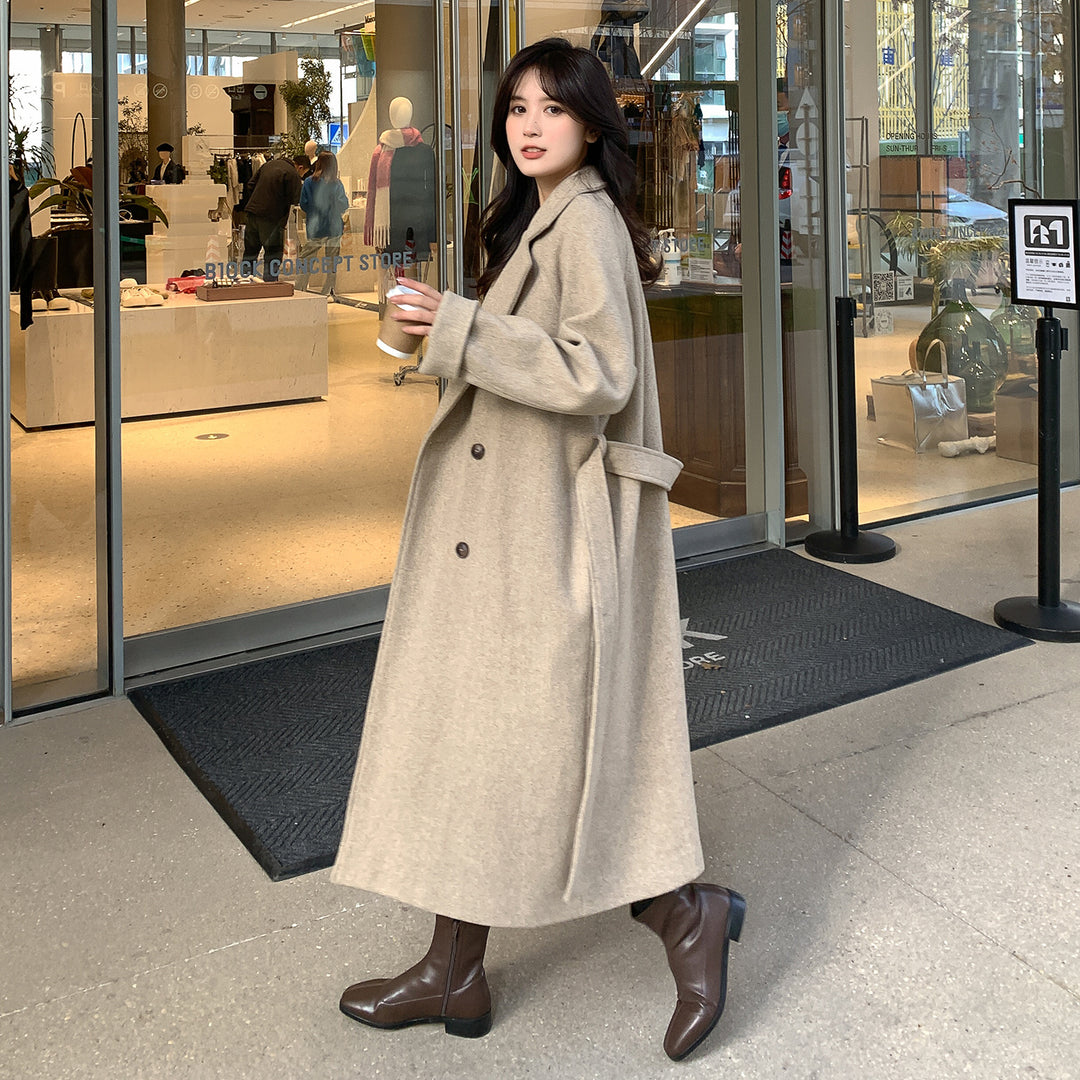 Damen Lang geschnittener Wollmix-Trenchcoat mit Taillenband und kastiger Schulterpartie Nord Taschen