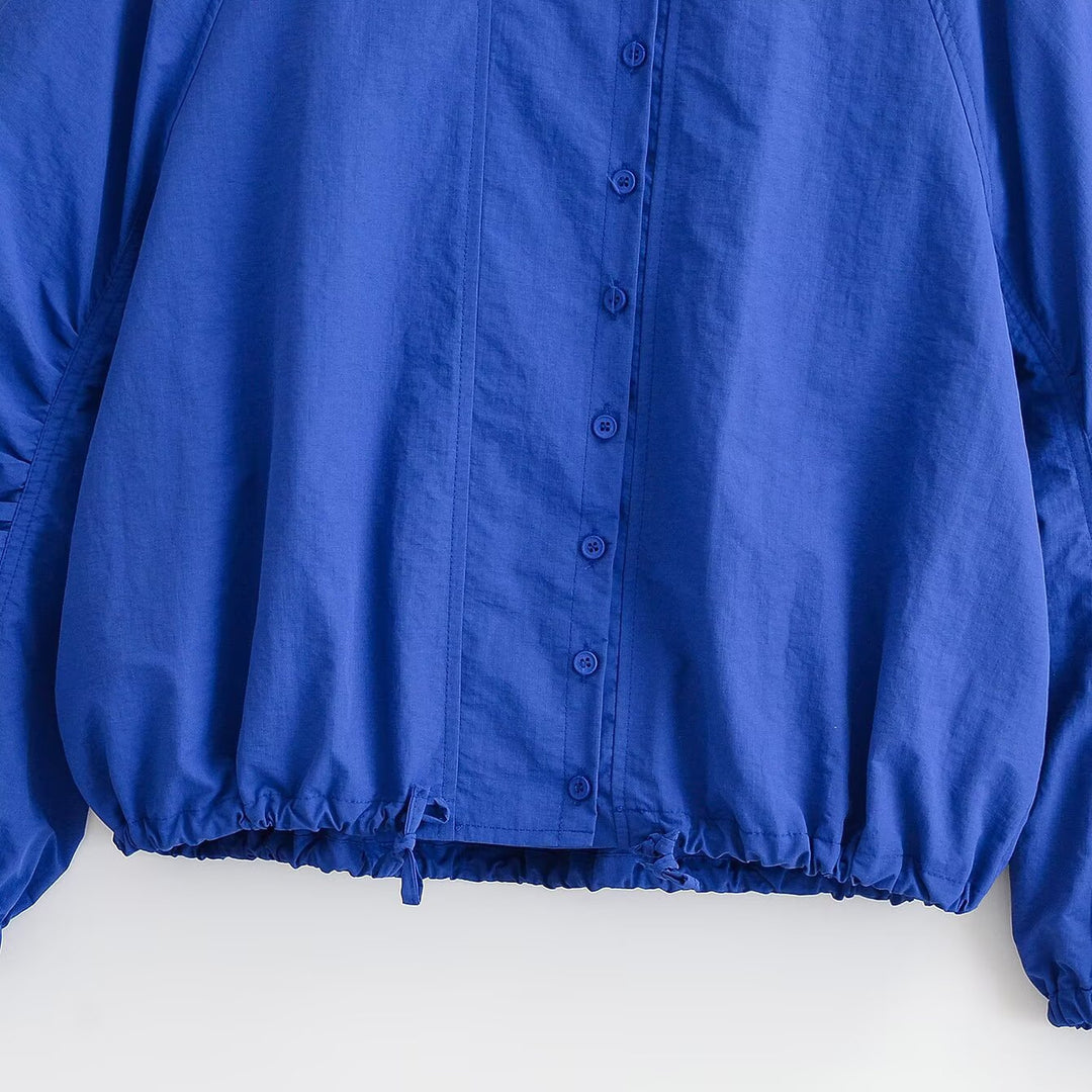 Damen Cropped Blousonjacke mit Stehkragen, voluminösen Ballonärmeln und Tunnelzugsaum Nord Taschen