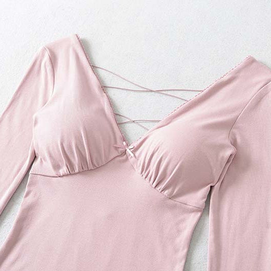 Damen Figurbetontes Langarm-Top mit tiefem V‑Ausschnitt, gekreuzten Spaghettiträgern und Spitzenkante Nord Taschen