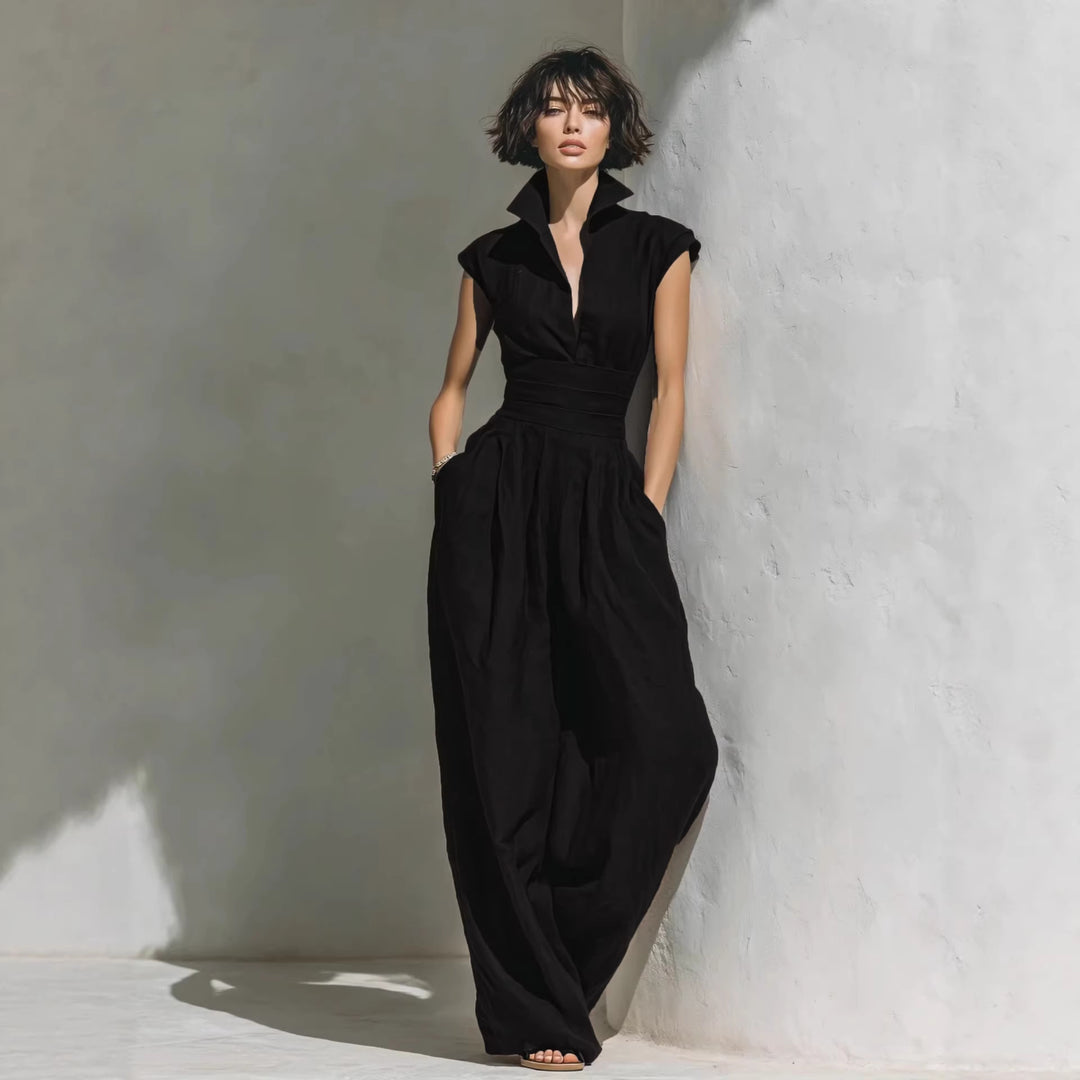 Damen Jumpsuit mit weitem Bein, tailliertem Wickelbund und Stehkragen Nord Taschen