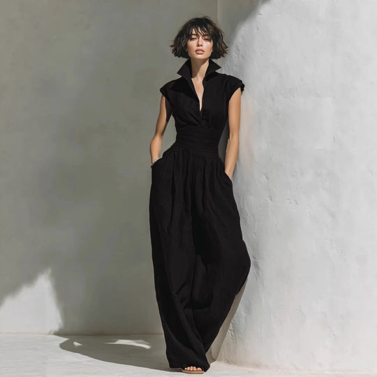 Damen Jumpsuit mit weitem Bein, tailliertem Wickelbund und Stehkragen Nord Taschen