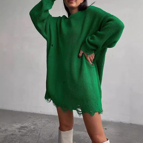 Damen Oversized Strickkleid mit Destroyed-Saum und Ballonärmeln Nord Taschen