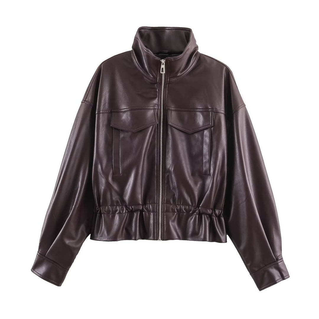 Damen Kurzer Oversize Kunstleder-Bomber mit Stehkragen, Pattentaschen und Kordelzug Nord Taschen