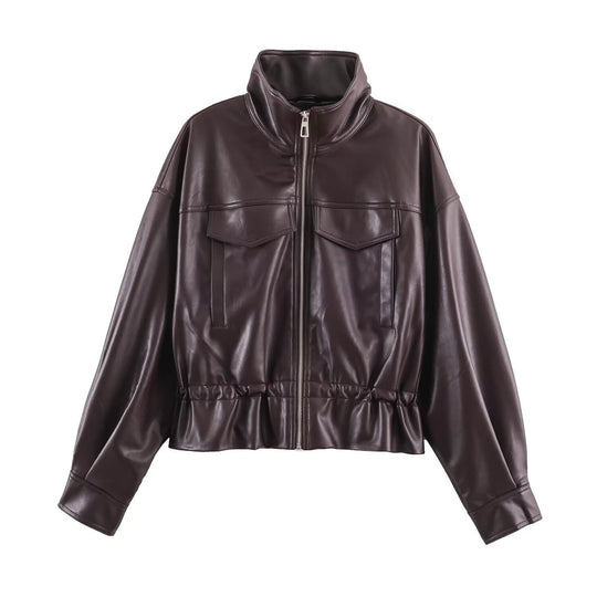 Damen Kurzer Oversize Kunstleder-Bomber mit Stehkragen, Pattentaschen und Kordelzug Nord Taschen