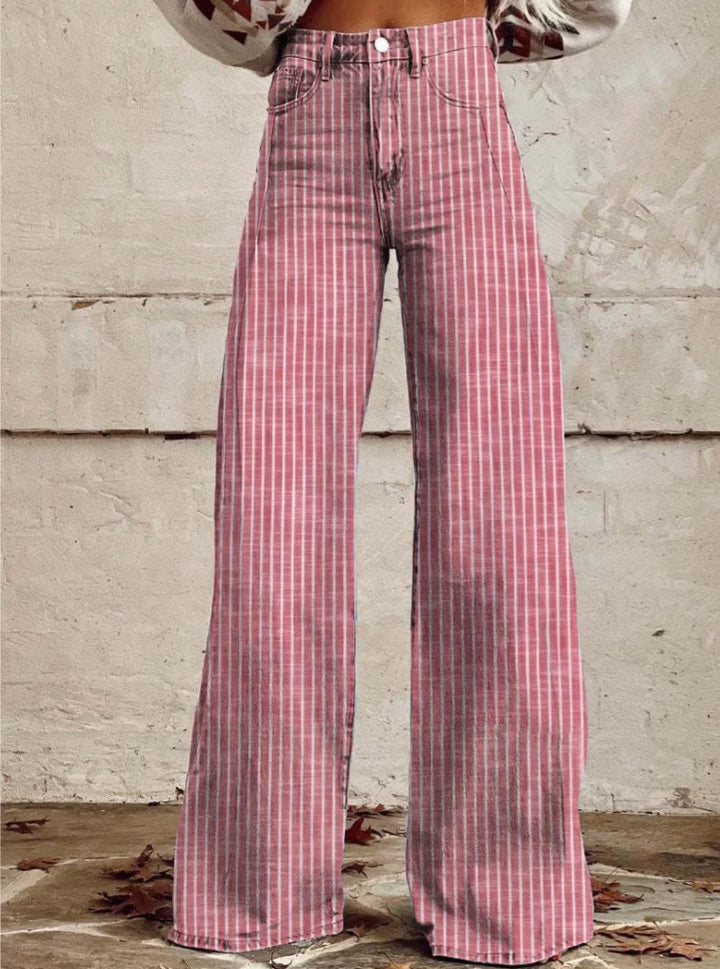 Damen weite Hose mit hohem Bund in Leinenoptik und vertikalen Nadelstreifen Schlaghose Nord Taschen