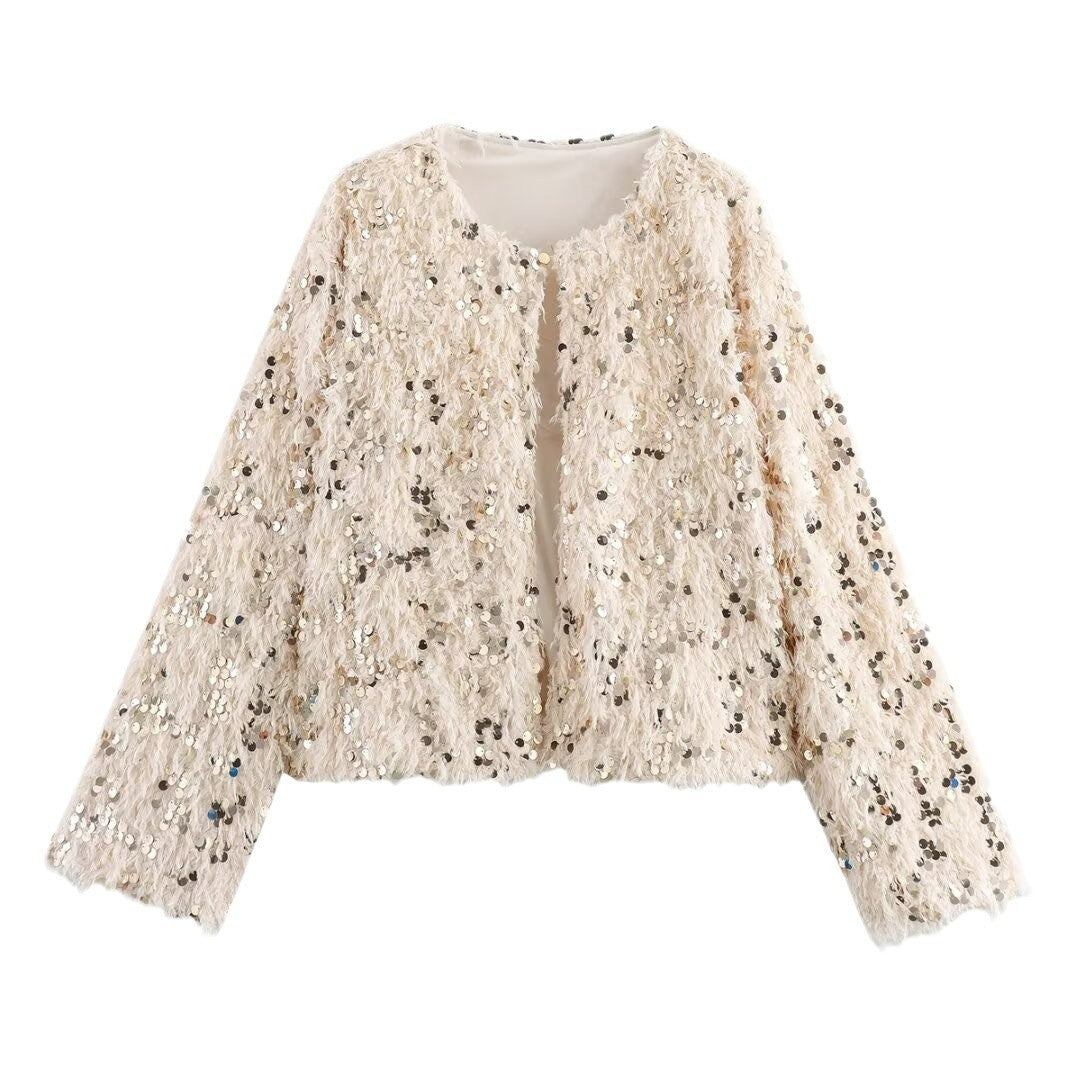 Damen Cropped‑Jacke aus flauschigem Faux‑Fur mit Paillettenbesatz Nord Taschen
