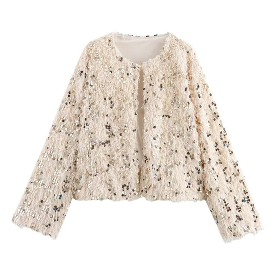 Damen Cropped‑Jacke aus flauschigem Faux‑Fur mit Paillettenbesatz Nord Taschen