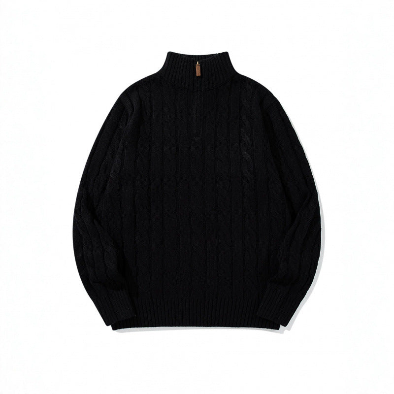 Unisex Grobgestrickter Halbreißverschluss-Zopfmuster-Pullover mit Stehkragen und gerippten Abschlüssen Nord Taschen