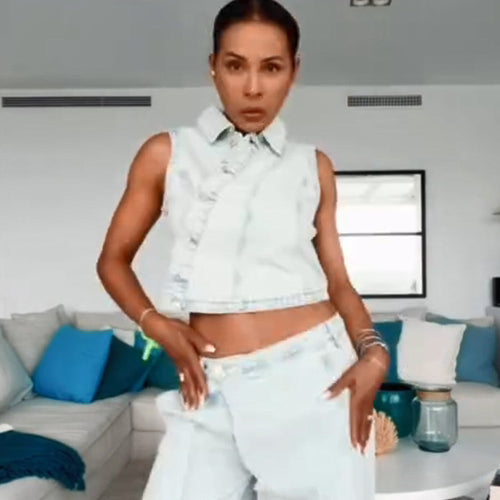 Damen Gekürztes ärmelloses Denim-Set mit taillierter Weste & weiter High-Waist-Hose Nord Taschen