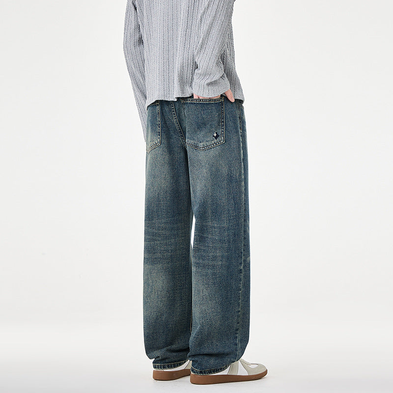 Herren Gerade geschnittene weite Jeans mit hohem Bund und Vintage-Waschung Nord Taschen