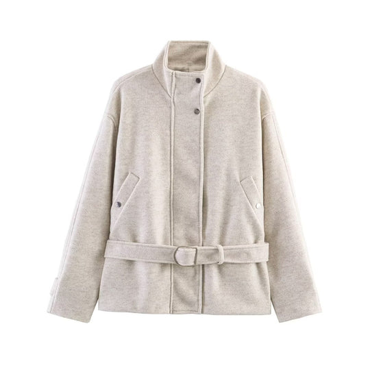 Damen Gekürzte Wollmix-Jacke mit Stehkragen, Taillengürtel und Druckknopfverschluss Nord Taschen