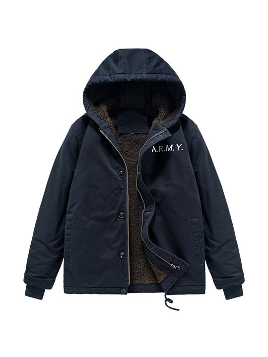 Herren Military-inspirierte Thermo-Kapuzenjacke mit Teddy‑Sherpa‑Futter und Kordelzug Nord Taschen
