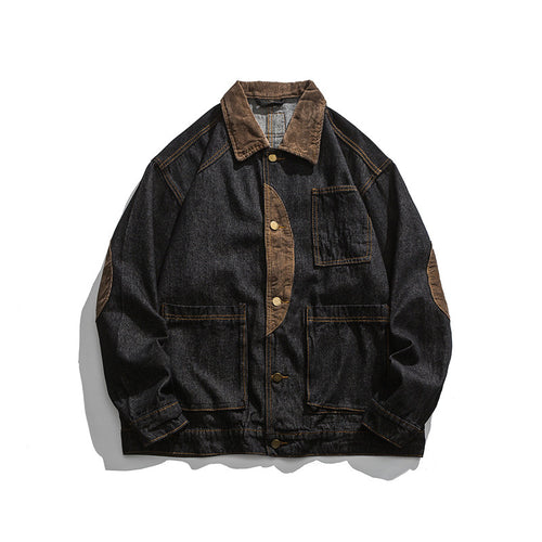 Herren Boxy Denim-Workerjacke mit Cordkragen, Pattentaschen und Ellbogenpatches Nord Taschen