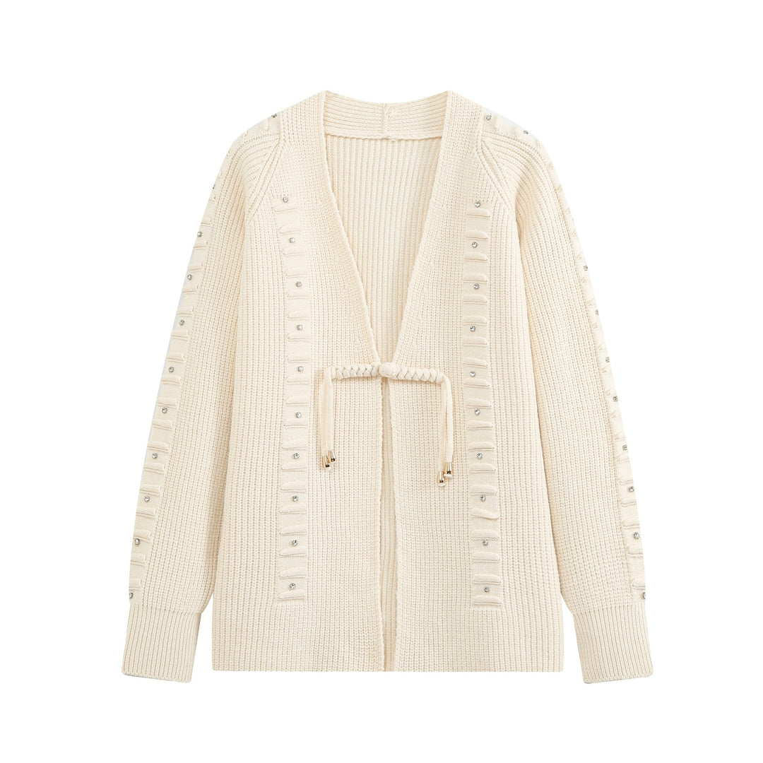 Damen Grobstrick-Cardigan mit Strassbesatz, Flechtkordel und offenem V-Ausschnitt Nord Taschen