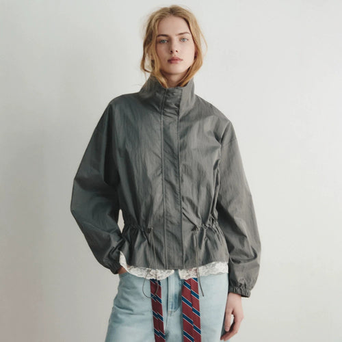 Damen Oversize-Windjacke mit hohem Stehkragen, Tunnelzug-Taille und elastischen Bündchen Nord Taschen