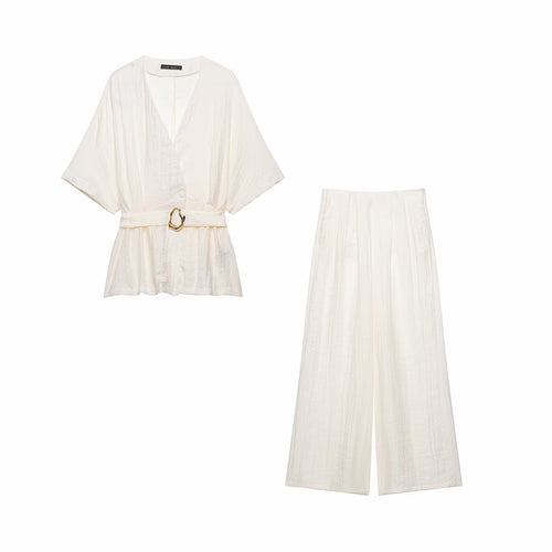 Damen Zweiteiler Kimono-Top mit Taillengürtel und weiter Bundfaltenhose Nord Taschen