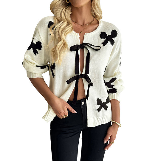 Damen Strickcardigan mit Schleifenapplikation und Bindebändern Nord Taschen