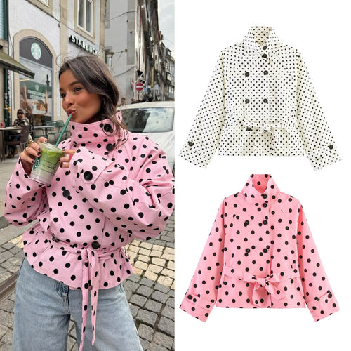 Damen Kurz geschnittener Regenmantel mit Polka-Dot-Muster und Bindegürtel Nord Taschen