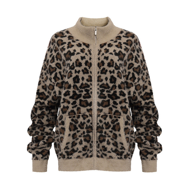 Damen Flauschige Teddy-Fleece-Jacke mit Leopardenmuster und Frontreißverschluss Nord Taschen