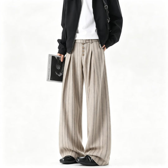 Herren Weite Nadelstreifen-Hose im Baggy‑Cut mit hoher Taille, Falten und Zierknopfleiste Nord Taschen