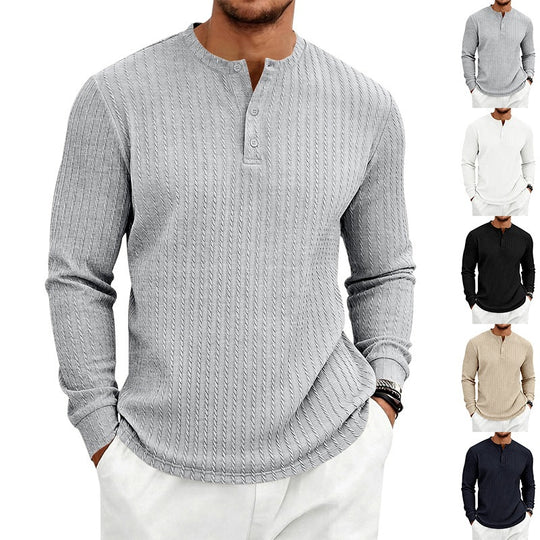 Herren Feinstrukturiertes Henley-Langarmshirt mit Zopfmuster und Knopfleiste Nord Taschen