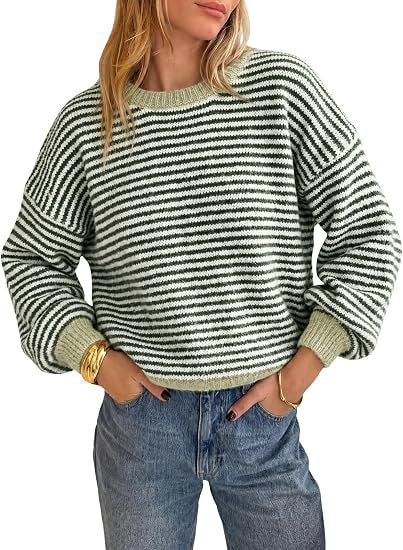 Damen Gestreifter Rippstrick-Pullover mit Kontrast-Bündchen Nord Taschen