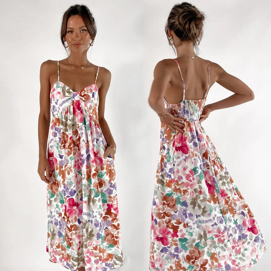 Damen Maxikleid mit floralem Design und dekorativem Knotendetail